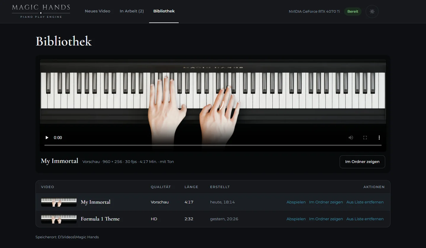 Ansicht Bibliothek: fertige Videos mit Player und Liste
